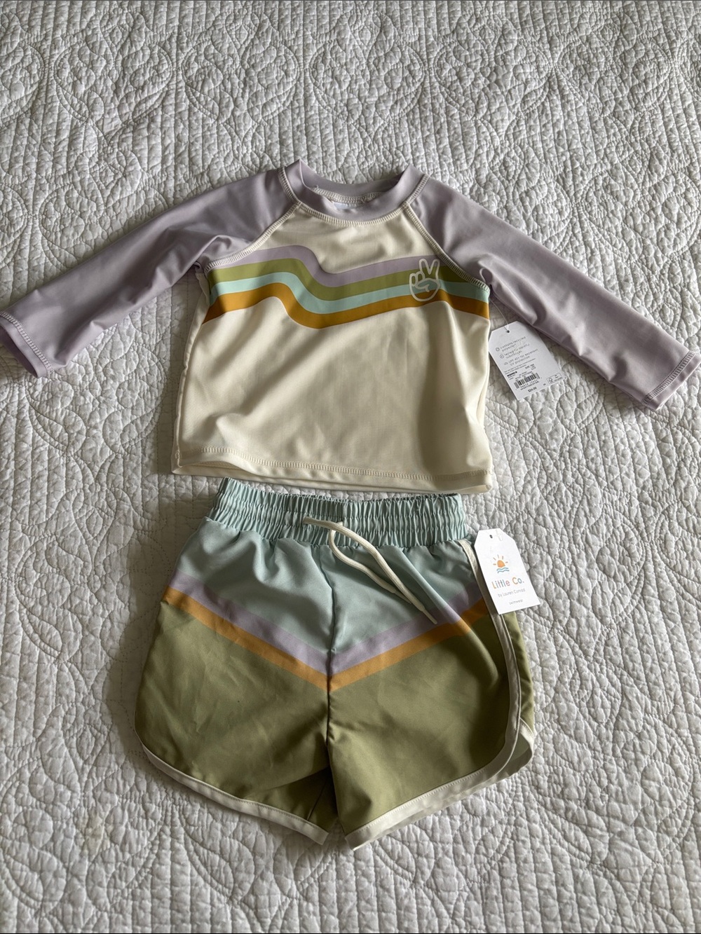 NWT Little Co Girls' Cream & Lavender Rash Guard Set with Olive Shorts Size 18M